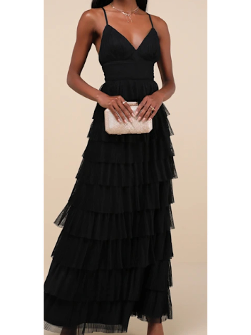 LULU'S SZ S Radiant Event Black Mesh Tiered Pleated Backless Maxi Dress NEW 0B8